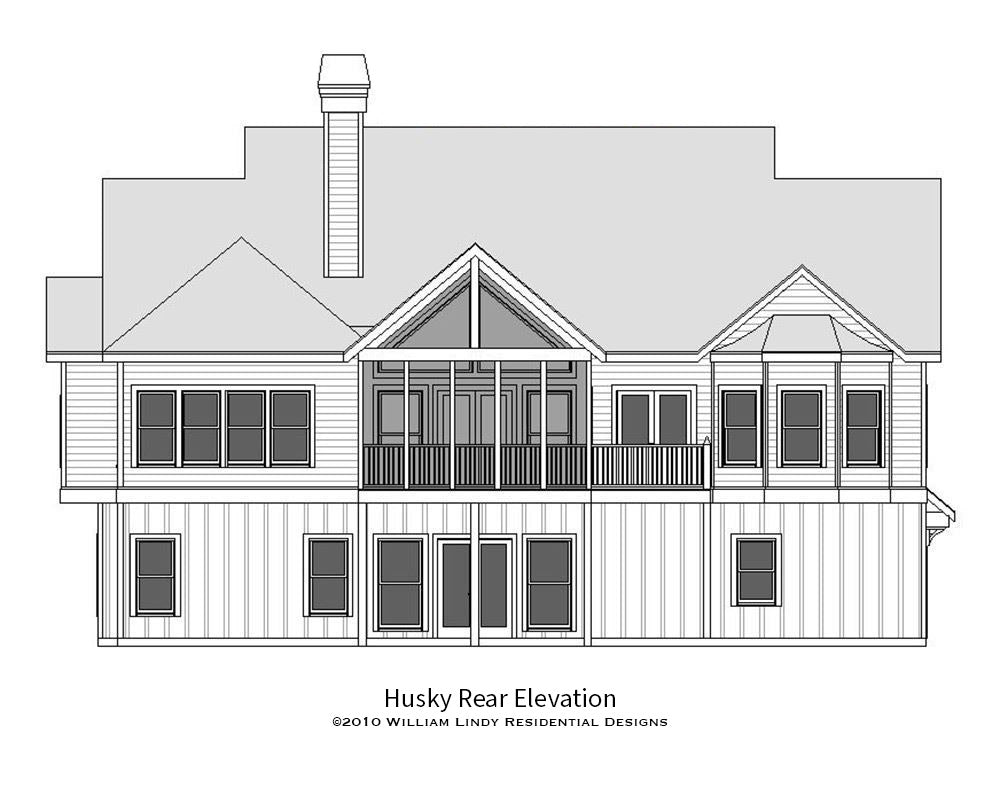 Husky drive under ranch house plan rear technical drawing.