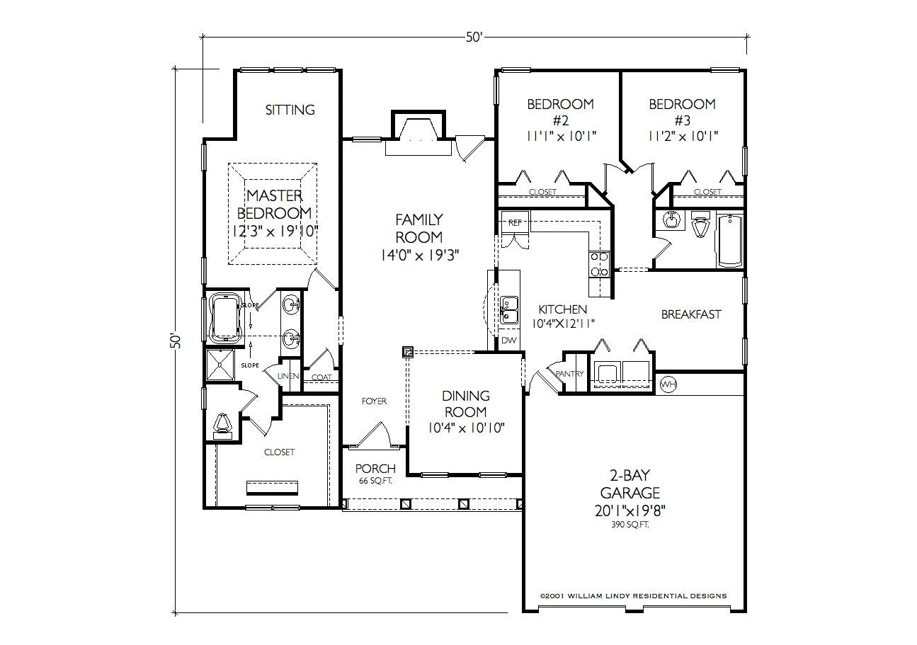 Wesley ranch house plan main level floor plan. 3 bedrooms 2 baths.