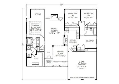 Wesley ranch house plan main level floor plan. 3 bedrooms 2 baths.