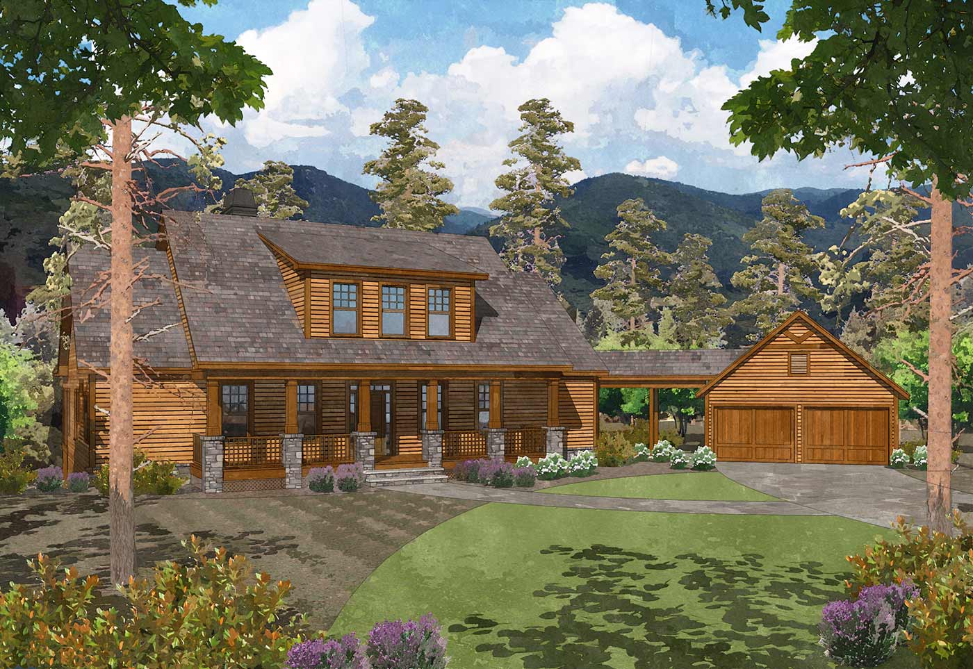 Kingfisher ranch house plan front rendering